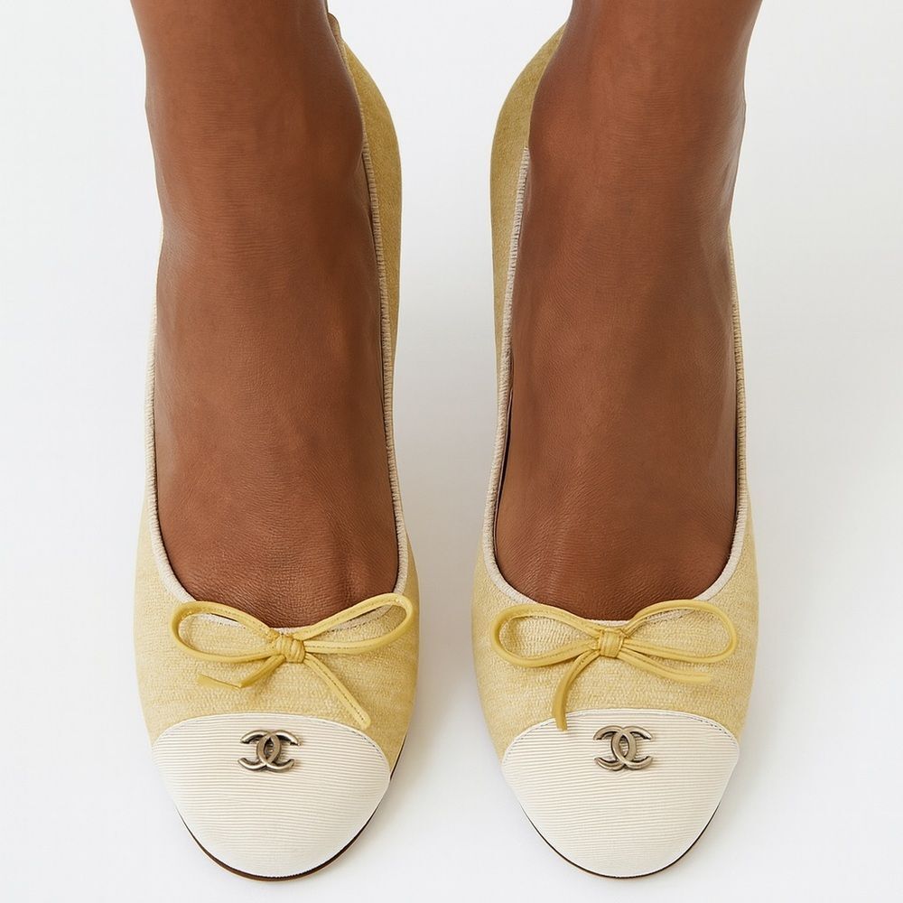 LIKE NEW CHANEL Cream and Yellow Linen Cap Toe Pumps IT37